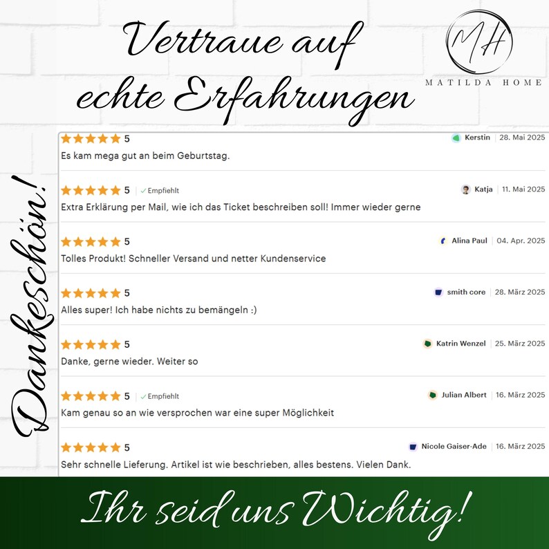 Echte Kundenbewertungen zu Matilda Home – beliebte Weihnachts- und Geldgeschenkideen.