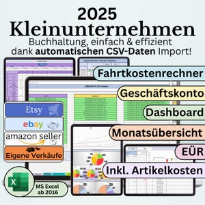Könnte beinhalten: Ein farbenfrohes Bild, das einen Computerbildschirm mit einem Tabellenkalkulationsprogramm zeigt. Das Tabellenkalkulationsprogramm ist für Kleinunternehmen konzipiert und umfasst Funktionen wie ein Dashboard, eine Monatsübersicht und eine Gewinn- und Verlustrechnung. Das Bild enthält auch Text, der "2025 Kleinunternehmen Buchhaltung, einfach & effizient dank automatischen CSV-Daten Import!" lautet.