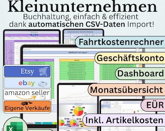 CSV-gegevens kleinbedrijf EÜR import boekhouding jaarlijkse balans reiskostencalculator voor Etsy Amazon Ebay eigen verkopen Excel-sjabloon