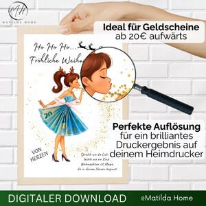 Perfektes Weihnachts-Geldgeschenk – farbiges DIY-Poster mit Geldschein-Kleid und goldenen Akzenten.