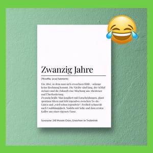 Definição engraçada de 20 anos, cartão de aniversário engraçado 2005, presente humorístico em PDF, cartão postal digital para imprimir, presente de última hora
