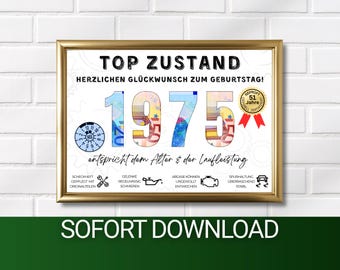 51st Birthday Gift Idea (Born in 1975) | Funny TÜV Poster | Gift Idea Card for Giving Money to Men and Women | DIY Image Download PDF