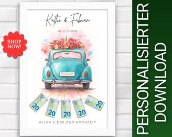 Personlig bröllopspresent med pengar | Bröllopsbilposter med namn och datum | Bröllopspresent till bruden och brudgummen | Utskrivbar PDF A3 A4 (digital)