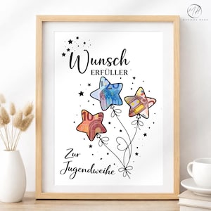Op de afbeelding: Een ingelijste print met de woorden "Wunsch Erfüller" en "Zur Jugendweihe". Het kunstwerk toont drie stervormige ballonnen, elk gevuld met kleurrijk geld, en zwarte steraccenten.
