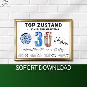 以下が含まれることがあります： 金色のフレームに入ったプリントで、「TOP ZUSTAND」と「30 Jahre」の文字が黒い筆記体で書かれています。数字の30は通貨を使って創造的にデザインされています。追加のテキストと車のアイコンが含まれています。