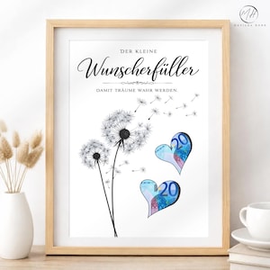May include: Framed art print featuring a dandelion illustration with two heart-shaped designs incorporating the number 20. The print includes German text: "DER KLEINE WUNSCHERFÜLLER" and "DAMIT TRÄUME WAHR WERDEN."