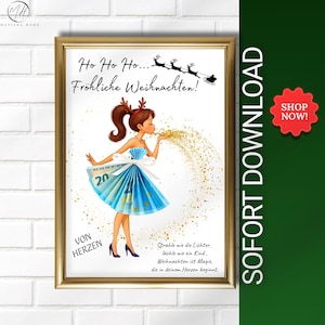 Farbiges DIY Geldgeschenk zu Weihnachten – Poster mit Mädchen und Goldglitzer, PDF & PNG Sofort-Download.