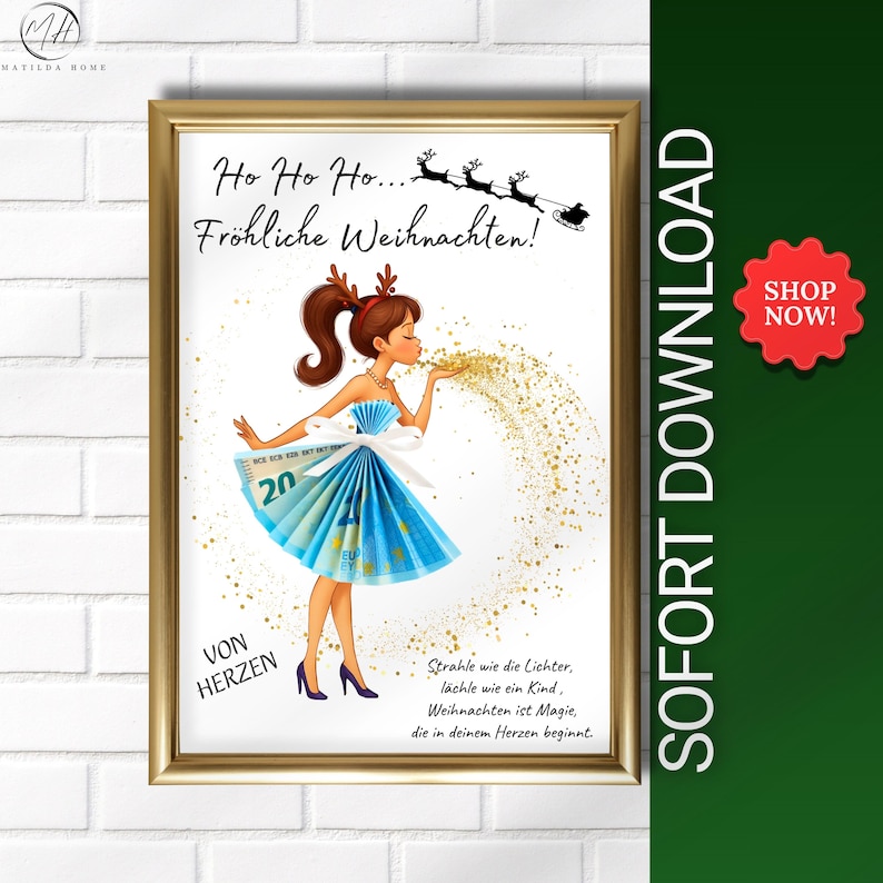 Farbiges DIY Geldgeschenk zu Weihnachten – Poster mit Mädchen und Goldglitzer, PDF & PNG Sofort-Download.