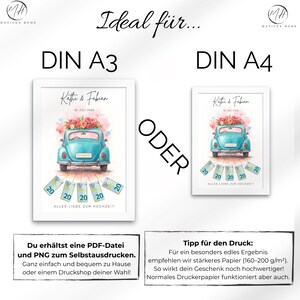 May include: Two framed prints, DIN A3 and DIN A4 sizes, featuring a watercolor illustration of a teal vintage car with a floral arrangement on top. The prints include the names "Kathi & Fabian" and the date "16. JULI 2026".