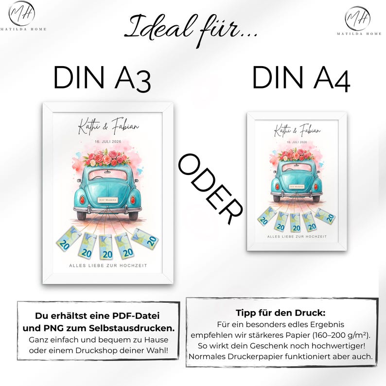 May include: Two framed prints, DIN A3 and DIN A4 sizes, featuring a watercolor illustration of a teal vintage car with a floral arrangement on top. The prints include the names "Kathi & Fabian" and the date "16. JULI 2026".