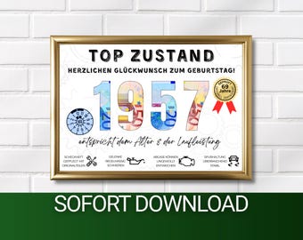 69th Birthday Gift Idea (Born in 1957) | Funny TÜV Poster | Gift Idea Card for Giving Money to Men and Women | DIY Image Download PDF