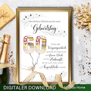 Geldgeschenk 60 Geburtstag Poster elegant – Geburtstagskarte mit Geldschein kreative Geschenkidee für Mann und Frau