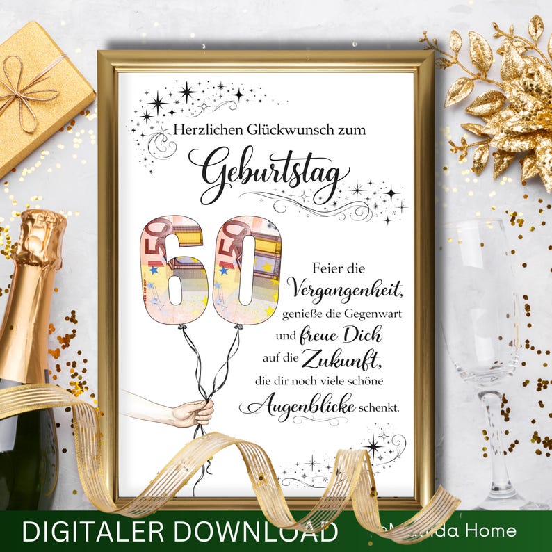 Geldgeschenk 60 Geburtstag Poster elegant – Geburtstagskarte mit Geldschein kreative Geschenkidee für Mann und Frau