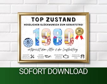 46th Birthday Gift Idea for People Born in 1980 | Funny TÜV Poster | Gift Idea Card for Giving Money to Men and Women | DIY Image Download PDF