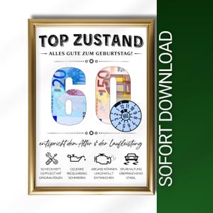 Könnte beinhalten: Ein gerahmter Druck mit den Worten "TOP ZUSTAND" und "ALLES GUTE ZUM GEBURTSTAG!". Die Zahl "60" wird mit Euro-Banknoten gebildet. Enthält Auto-bezogene Symbole und Text. Der Rahmen ist goldfarben.