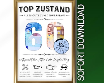 Money gift for a male friend's 60th birthday | Creative DIY birthday gift for someone born in 1966 | Funny car inspection sticker look