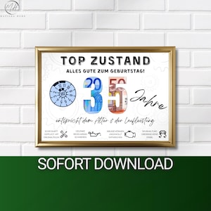 May include: A framed print with the text "TOP ZUSTAND" and "35 Jahre" in a gold frame. The number 35 is designed with images of money. The print includes German text and automotive-themed icons.