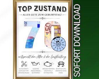 Money gift for a male friend's 70th birthday | Creative DIY birthday gift, born in 1956, legendary | Funny car inspection sticker look