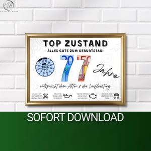 Könnte beinhalten: Ein gerahmter Druck mit goldenem Rahmen, der die Worte "TOP ZUSTAND" und "77 Jahre" zeigt. Die Zahl 77 ist kreativ mit Euro-Banknoten gestaltet. Zusätzlicher Text und Automobil-Symbole sind enthalten.