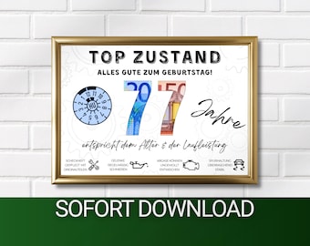 Money gift for a man's 77th birthday (born 1949) | Funny TÜV poster | Gift idea for giving money to men and women | DIY image download PDF