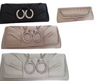 Clutch Satin mit Handschlaufe und Kettengurt, Handtasche Hochzeit Satin Strass, Braut Tasche, Clutch Abendtasche mit Strasssteinen