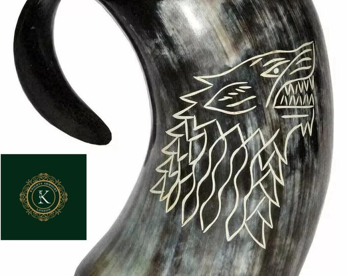 Hand Carved Viking Horn Mug – Wolf Tankard, Medieval Beer Ale Mug