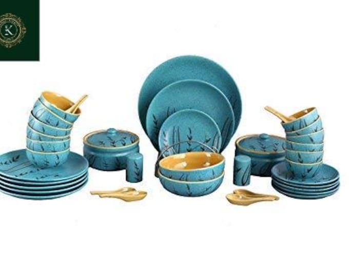 Ceramic Handmade Golden Turquoise Dinner Set – 37 Pieces | Studio Pottery | Microwave & Dishwasher Safe