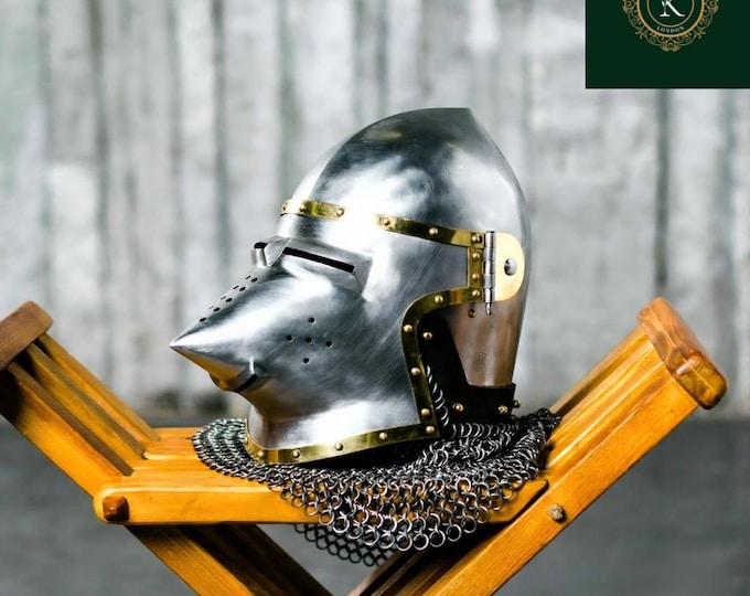 Steel Medieval Bascinet Helmet | Hounskull Pig Face Visor, Chainmail Aventail