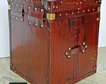 Handmade Leather Side Table Trunk, Vintage Style Storage Chest