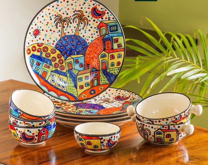 Handmade Ceramic Dinnerware Set for 4 | Handpainted Hut Design