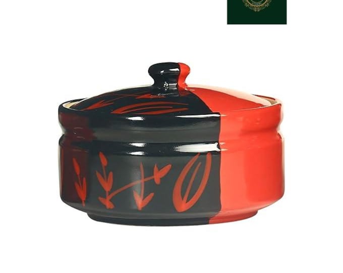 Handmade Red & Black Stoneware Donga – Bamboo Design Serving Bowl