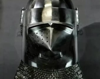 Medieval Knight Bascinet Helmet with Chainmail Aventail | 18G Steel Armor | LARP & Reenactment Helmet
