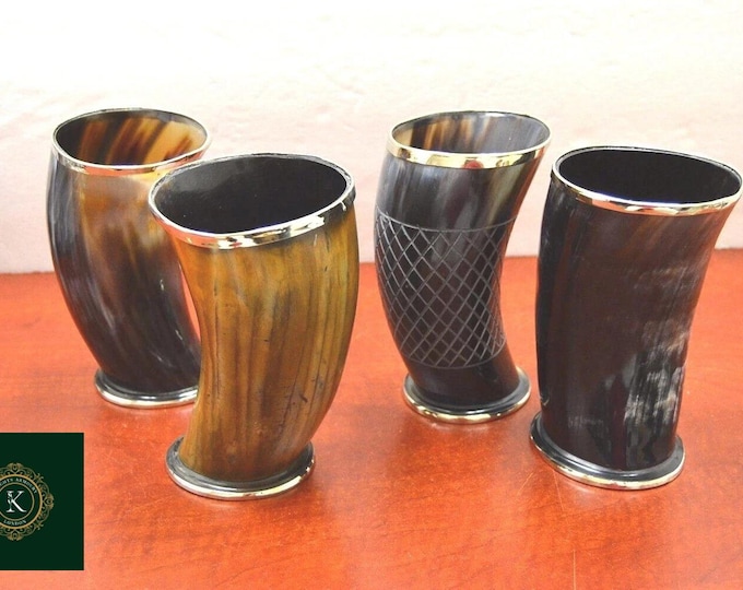 Handmade Viking Horn Mugs – Set of 4 Medieval Ale Beer Tankards