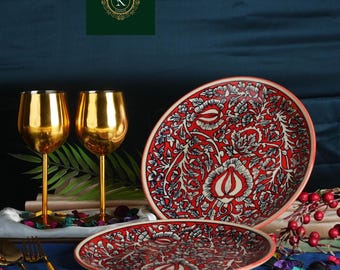 Handmade Red Mughal Floral Stoneware Dinner Plates, Set of 2