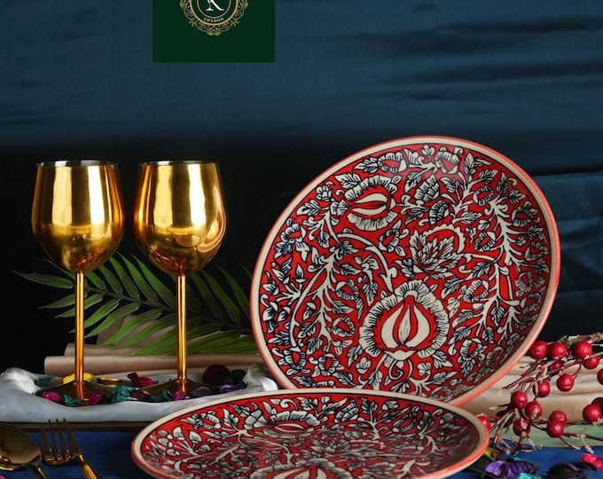 Handmade Red Mughal Floral Stoneware Dinner Plates, Set of 2