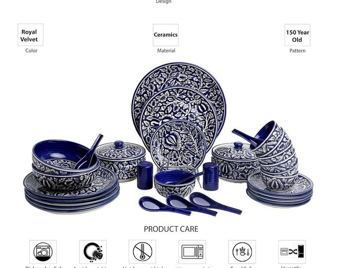Handmade Blue Mughal Ceramic Dinnerware Set – 37-Piece Indian Kitchen Set