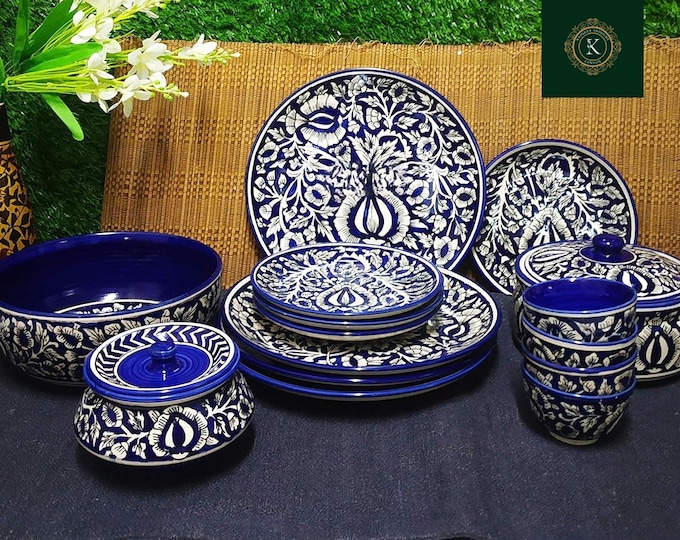 Handmade Ceramic Dinnerware Set – Blue Mughal Stoneware, 15 Pieces