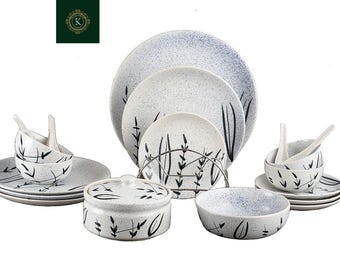 Ceramic Handmade White Bamboo Classic Dinner Set (19 pcs) | Stoneware Dinnerware | Microwave & Dishwasher Safe