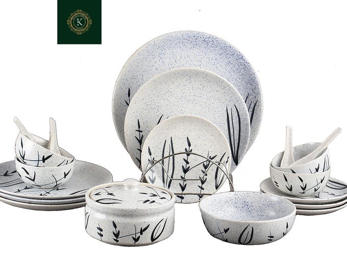 Ceramic Handmade White Bamboo Classic Dinner Set (19 pcs) | Stoneware Dinnerware | Microwave & Dishwasher Safe