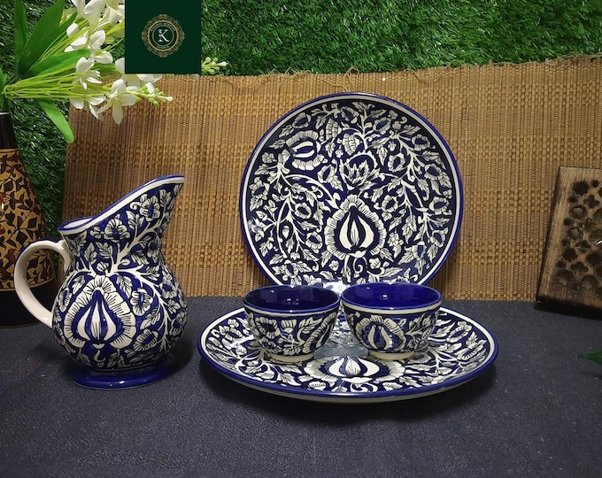 Ceramic Handmade Blue Mughal Combo Dinner Set (5 pcs) | Stoneware Plates & Bowls | Microwave Dishwasher Safe