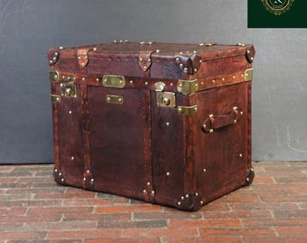 Handcrafted English Leather Trunk Side Table | Vintage Storage