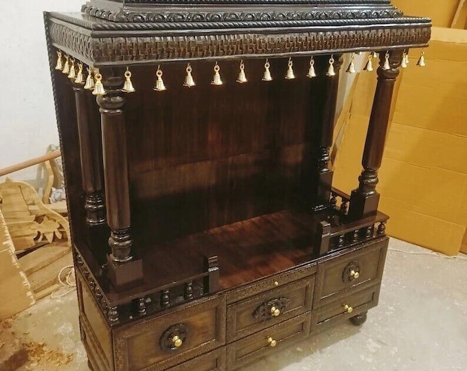 Wooden Hindu Ghar Puja Mandir | Handcrafted Teak Wood Home Temple | Wall Hanging Pooja Mandir