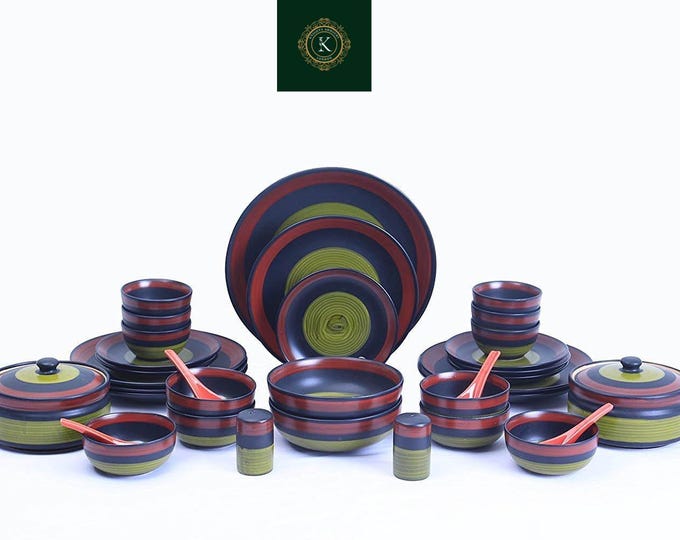 Handmade Ceramic Dinnerware Set – Green Chandrakari Studio Pottery, 37 Pcs