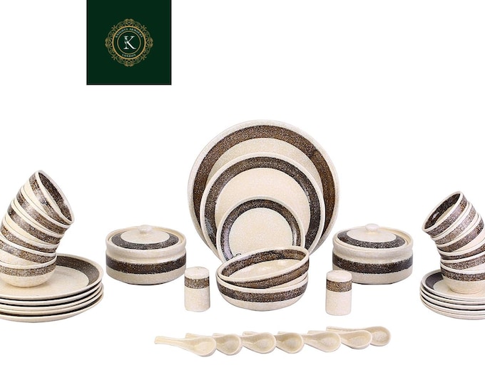 Ceramic Handmade Cream & Brown Patta Dinner Set – 37 Pieces | Studio Pottery | Microwave  Dishwasher Safe