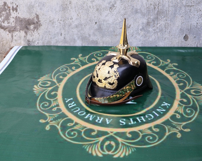 German Pickelhaube Helmet Leather Brass Imperial Prussian Spiked Helmet Gift Decor