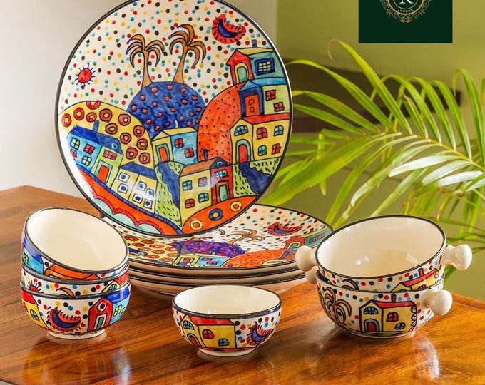 Handpainted Ceramic Dinnerware Set – ExclusiveLane Hut Design, 10 Pieces
