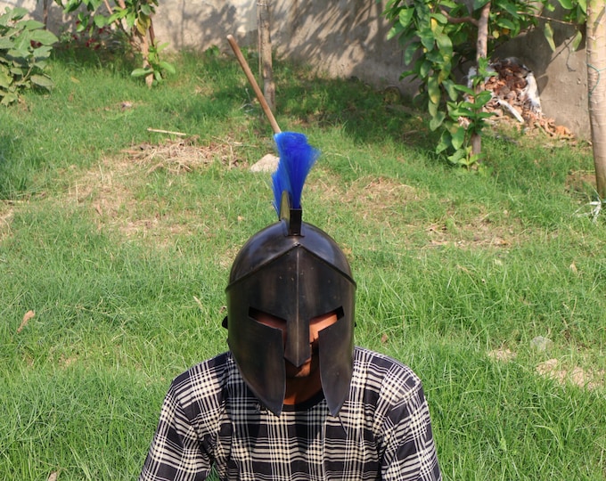 Medieval Spartan Helmet with Blue Plume – Wearable SCA Role-Play Armor for LARP & Halloween