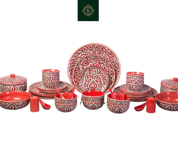 Ceramic Handmade Red Mughal Dinner Set – 37 Pieces | Studio Pottery Dinnerware | Microwave & Dishwasher Safe
