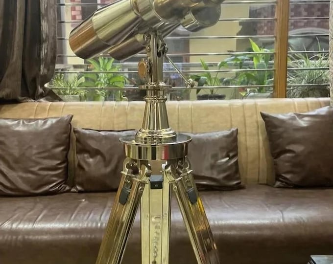 Nautical Naval Brass Victorian Binoculars with Nickel Finish Tripod | Vintage Maritime Telescope Decor