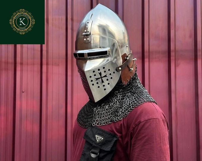 Medieval Bascinet Helmet | 18-Gauge Steel, Riveted Chainmail Aventail